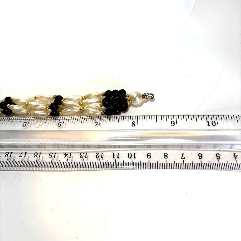 Vintage Black & White Beaded Multi-Strand Bracelet With Faux Pearls & Gold Accen - Picture 3 of 3